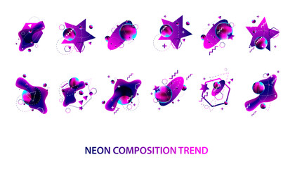 Set modern geometric space lines retro neon volume abstract set violet banner trend art hipster style white background