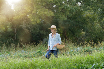 Naklejka na ściany i meble Farmer woman walking in agricultural field