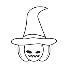 happy halloween black and white vector with pumpkin with witch hat illustration for coloring art