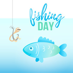 Fishing day illustration with cartoon fish and worm on hook under water