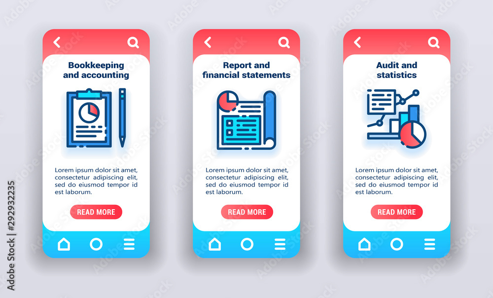 Poster business analytics on mobile app onboarding screens. ui ux gui template