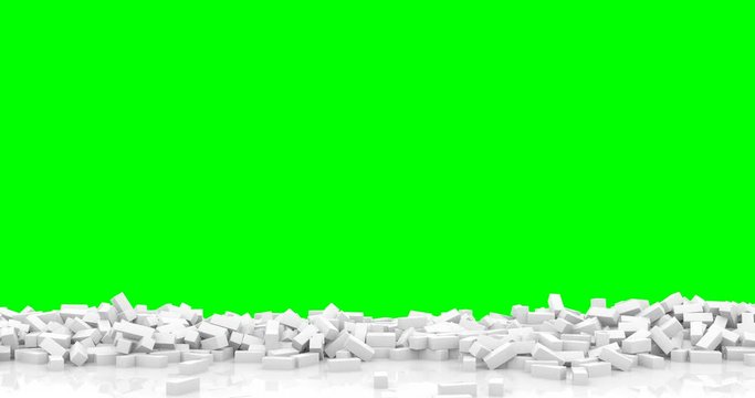 Crumbling brick wall chroma key footage. Unstable construction falling apart isolated on green screen. Barricade collapse revealing background animation. Structure breaking down video