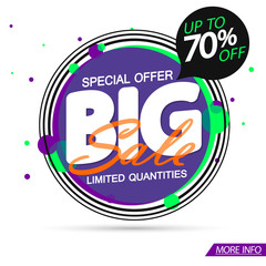 Big Sale, up to 70% off, banner design template, discount tag, special offer, app icon, vector illustration