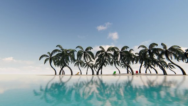 Tropical island, empty sand beach footage. Distant shore with chaise lounges, clouds in blue sky and palm trees reflecting in water animation. Beautiful vacation spot, summer seascape realistic video