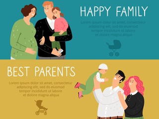 Parenthood banners. Happy family best parents vector background. Cute smiling mothers fathers and kids