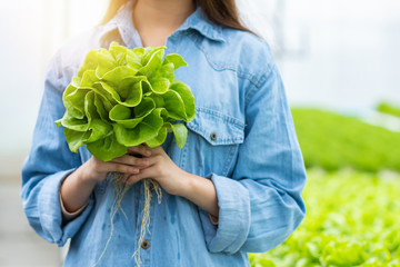 Beauty Asian woman farmer owner with smile holding hydroponic vegetables and checking organic plant growing in farm