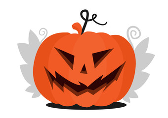 Halloween pumpkin head with scary face for Halloween. With leaves. Flat illustration for the holiday All Saints Day.