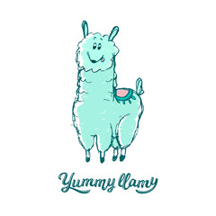 Cute smiling mint llama, handrawn illustration with text - yummy llamy