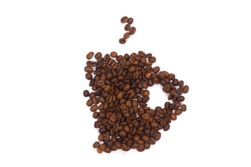 Coffee beans on isolated white background. A cup of coffee beans.