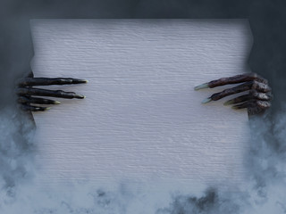 3D rendering of monster hands holding blank white sign.