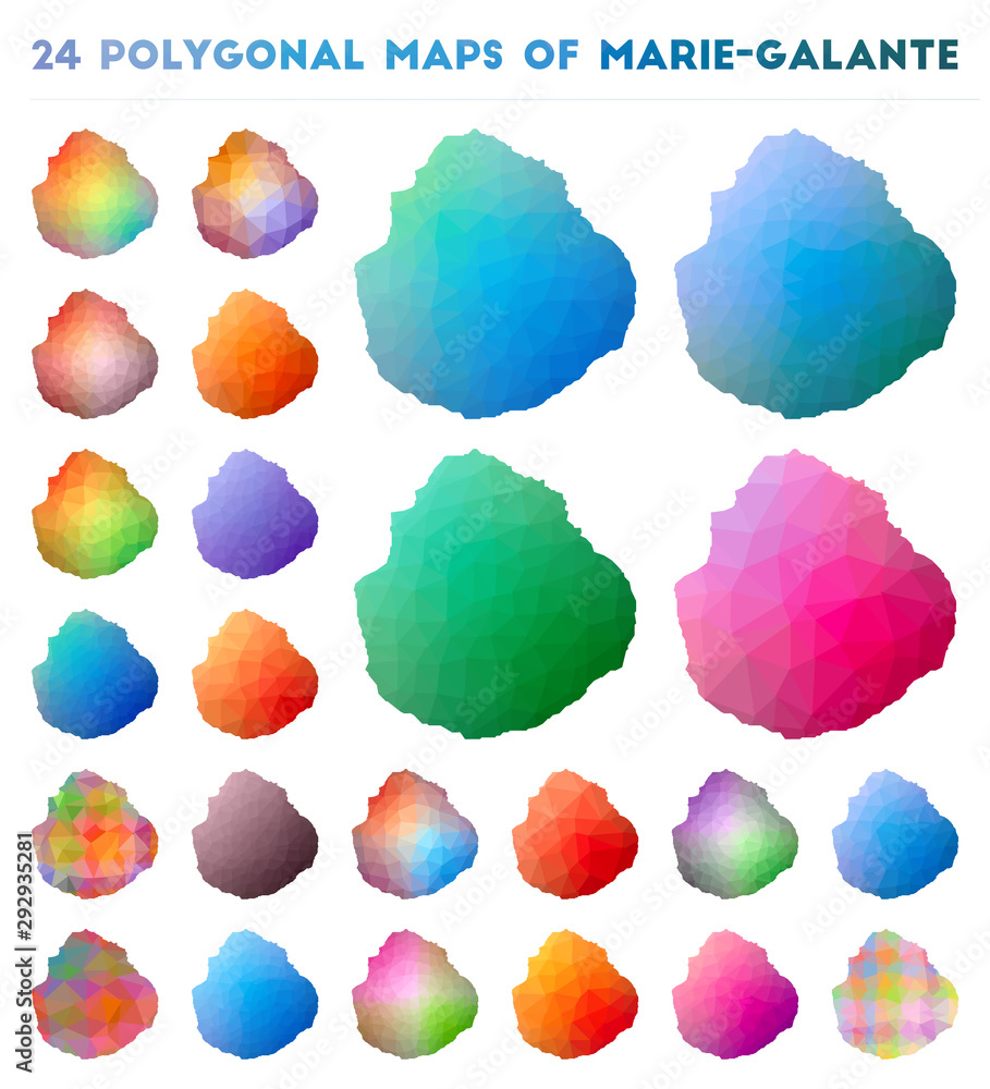 Poster set of vector polygonal maps of marie-galante. bright gradient map of island in low poly style. mult