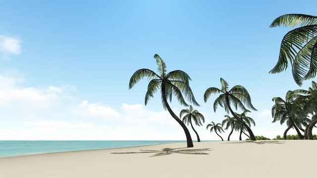 Empty sea shore, sand beach seamless footage. Paradise island with no people, blue sky and palm trees swaying in wind looped animation. Summer seascape, beautiful oasis realistic video