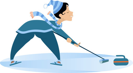 Smiling young woman plays curling isolated illustration. Young woman with curling brush pushes a stone towards a target isolated on white illustration 