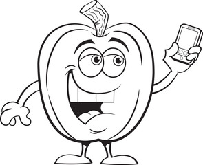 Black and white illustration of a happy smiling pumpkin taking a selfie.