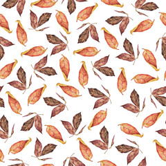 Seamless pattern with pink and purple leaves on white background. Hand drawn watercolor illustration.