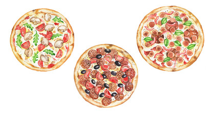 Set of hot pizza with herbs, mushrooms, olives and salami isolated on white background. Hand drawn watercolor illustration.