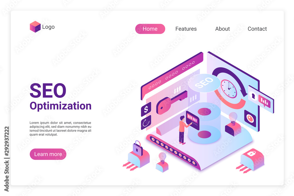Fototapete SEO isometric landing page vector template. Search engine marketing webpage layout. Website traffic increasing service 3d concept. Search results optimization and customization web page interface