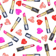 Seamless pattern with red and pink lipstick and pink and red hearts on white background. Hand drawn watercolor illustration.