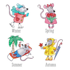 Set of watercolor cartoon rats Seasons