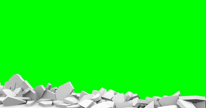 Concrete wall exploding chroma key footage. Construction blowing to pieces animation. Foreground destruction revealing background isolated on green screen. Barrier demolition closeup video