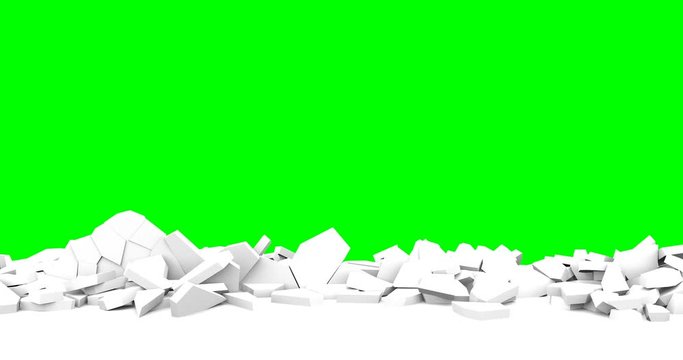 Concrete wall demolition chroma key footage. Barricade crumbling to small pieces animation. Foreground falling and revealing green screen background. Barrier shuttering, collapse video