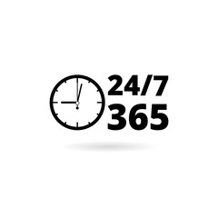 24 7 hours and 365 days icon. Any time working service or support symbol