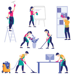 Set of cleaning company staff different poses. A man with a vacuum cleaner. Woman with buckets and mops. Vector illustration in a flat style