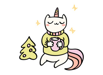 Cute hand drawn vector doodle of a cat unicorn in sweater near Christmas tree. Comics style art, t shirt print.
