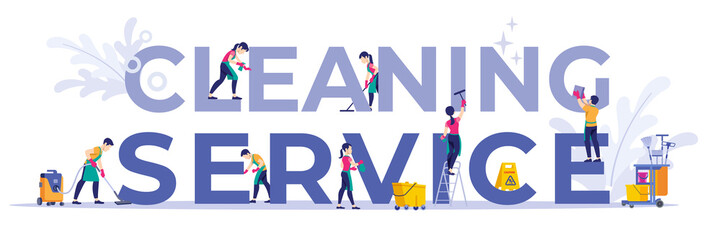 Concept set of cleaning company staff different poses, for web page, banner, presentation, social media, documents, cards, posters. Vector illustration