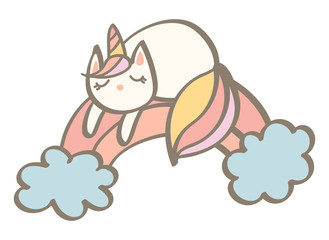 Cute hand drawn vector doodle of a cat unicorn sleeping. Comics style art, t shirt print.