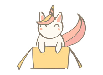 Cute hand drawn vector doodle of a cat unicorn sitting in a box. Comics style art, t shirt print.