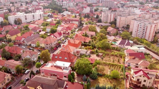 European City Rooftop Aerial view Drone Footage over Cluj Napoca Buildings, Romania