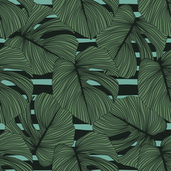 Monstera lässt nahtloses Muster auf Streifenhintergrund. Tropisches Muster, botanische Blattkulisse.