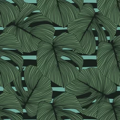 Papier peint Feuilles tropicales Monstera laisse un motif sans couture sur fond de rayures. Motif tropical, fond de feuilles botaniques.