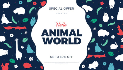 Flat style animals background, vector banner template