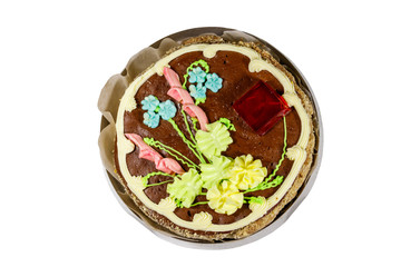 Kiev cake with cream, nuts and meringue in cardboard box isolated on white background