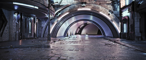 Urban city retro futuristic back drop tunnel background with neon accents. Neo-noir style 3d rendering.