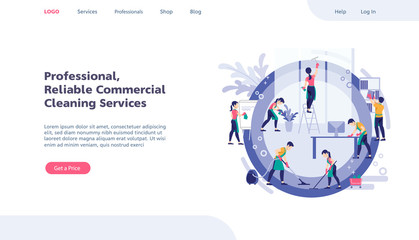 Web page design template. Cleaning service modern flat vector illustration concepts for website. Team of cleaning service working at office.