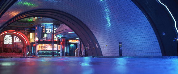 Urban city retro futuristic back drop tunnel background with neon accents. Neo-noir style 3d rendering. © Digital Storm