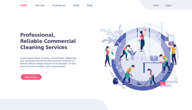 Web page design template. Cleaning service modern flat vector illustration concepts for website. Team of cleaning service working at office.