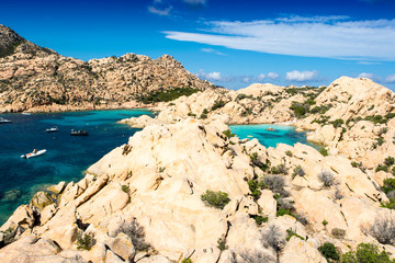 Panoramic view of Cala Coticcio on the island of Caprera, located in the La Maddalena archipelago...