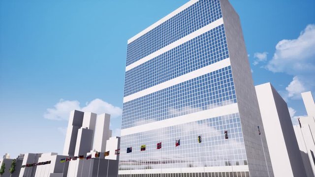 United nations headquarters building footage. General assembly office and member countries flags swaying in wind animation. New York City landmark. UN building facade realistic video