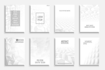 Collection of vector abstract contemporary templates, covers, placards, brochures, banners, flyers, backgrounds. White futuristic creative 3d design with geometric shapes and vision perspective