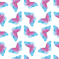 Fototapeta na wymiar Butterfly, watercolor hand painted seamless pattern with blue and pink insects isolated on white background