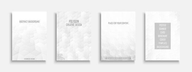 Collection of vector abstract polygonal templates, covers, placards, brochures, banners, flyers, backgrounds. White and gray design. Creative posters with geometric 3d shapes and mosaic textures