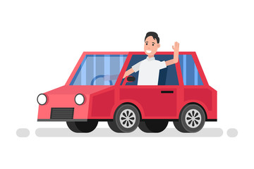 Happy man rides in red car. Cartoon style. Vector illustration.