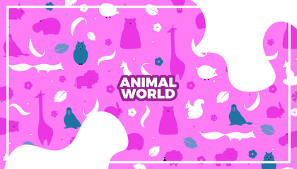 Vector flat style animals design abstract banner background. Cute panoramic illustration template with fox, giraffe, hippo, polar bear, squirrel, rabbit