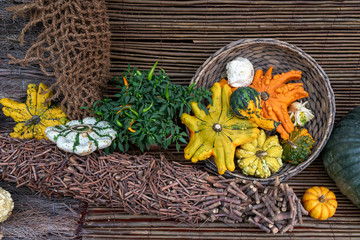 Autumn still life with assorted pumpkins, skwoshes, patty pan on rustic wooden background. Thanksgiving and Halloween concept, autumn card