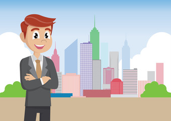 Businessman wearing suit with city on the background.