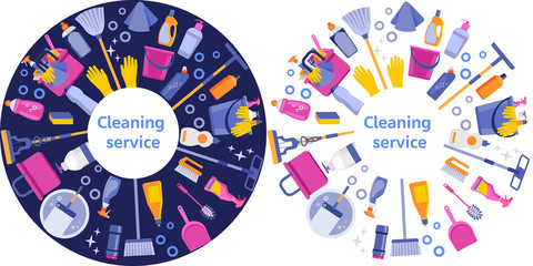 Cleaning service flat illustration. House cleaning services with various cleaning tools in a circle. Blue and white isolated option.
